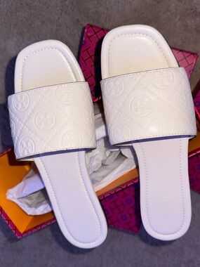 Tory Burch T monogram Light Cream Monogram Sandals